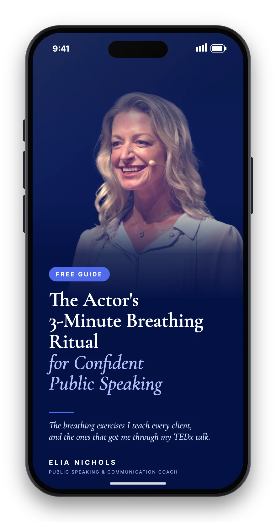 The Actor’s 3-Minute Breathing Ritual free guide by Elia Nichols, shown on a phone